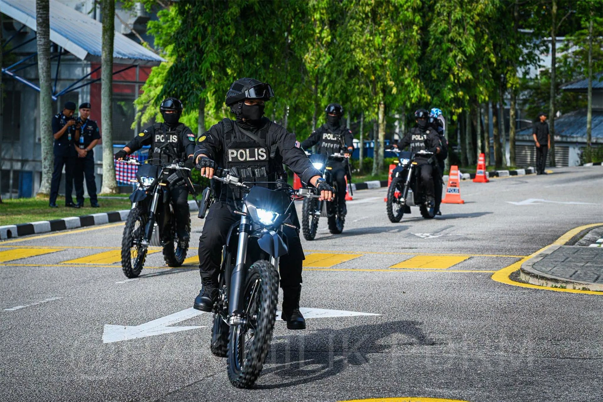 Royal Malaysia Police officers riding JEBATT F29 tactical electric motorcycles